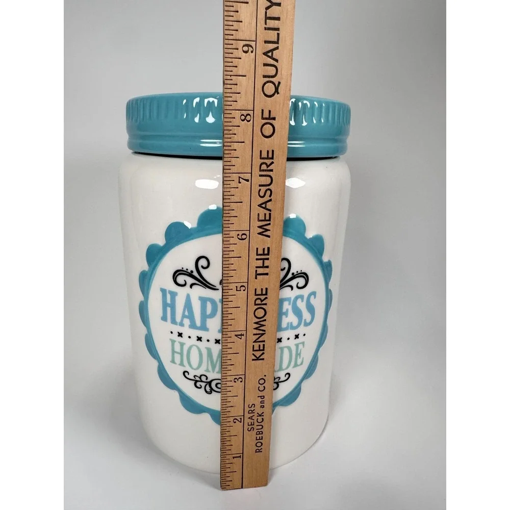 Cracker Barrel Cookie Jar 'Happiness is Homemade' Teal & White 8.5 x5.5